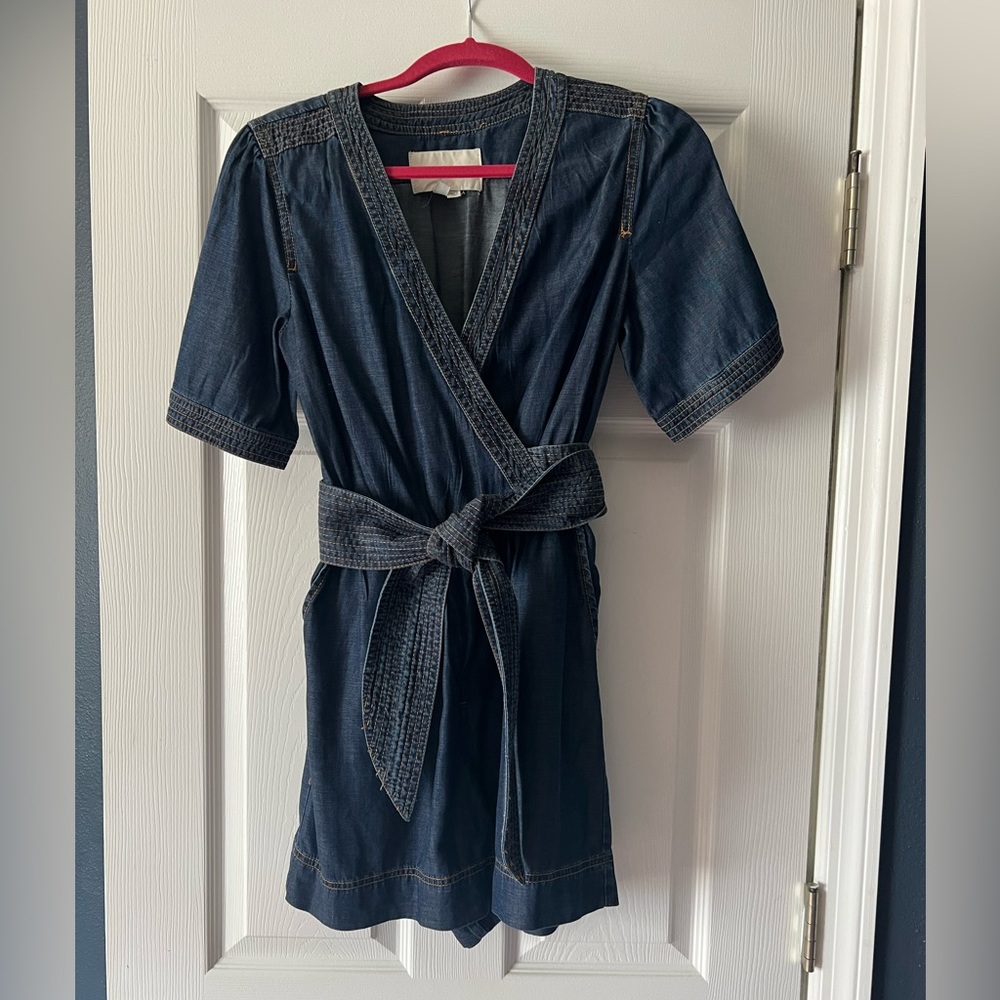 Denim Romper with puff sleeves